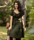Khaki Pintuck Sweetheart Neck Linen Dress